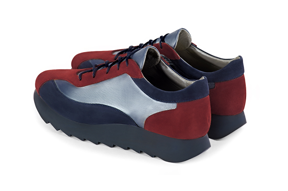 Burgundy red and denim blue women's three-tone elegant sneakers. Round toe. Low rubber soles. Rear view - Florence KOOIJMAN